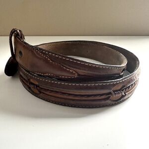 Justin Belt Mens Brown Leather Barbed Wire Braided No Buckle Belt Well-Worn